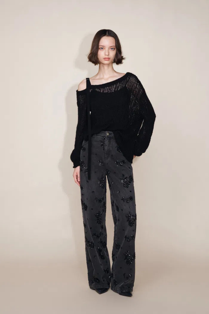 Jhenie Beaded Sequin Floral Wide-Leg Denim Jeans