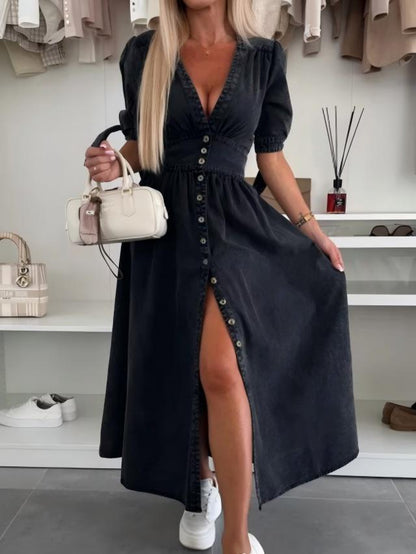 V-neck Short-sleeved Loose-fitting Denim Button-down Long Dress