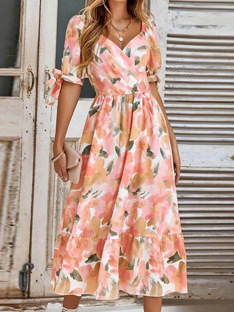 Floral Print Surplice V-Neck Tie Cuff Puff Sleeve Tiered Ruffle Midi Dress