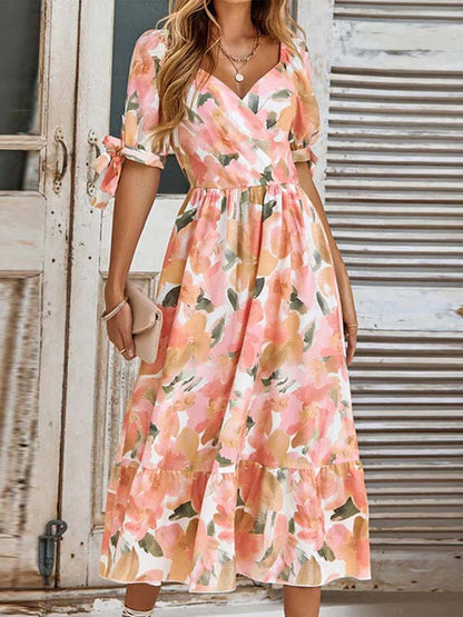 Floral Print Surplice V-Neck Tie Cuff Puff Sleeve Tiered Ruffle Midi Dress