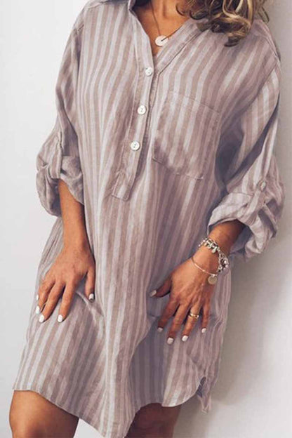 Vertical Stripe Collar Roll-Tab Sleeve Patch Pocket Shirt Mini Dress
