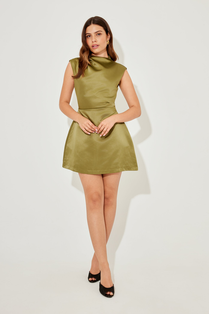 Satin Straight Neck Mini Dress