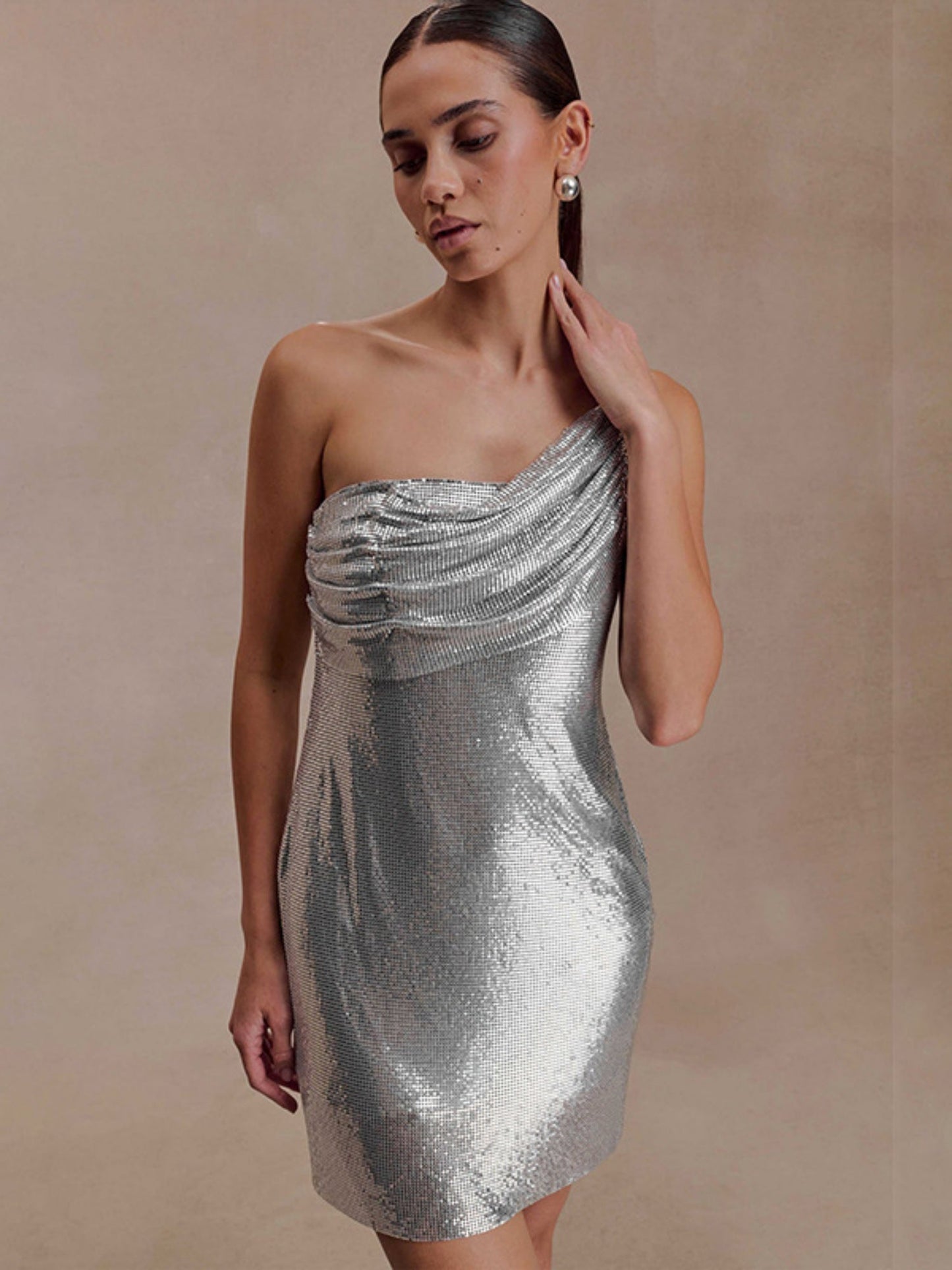 Gathering Glossy Asymmetrical Neckline, One Shoulder Sleeveless Mini&Short Dresses