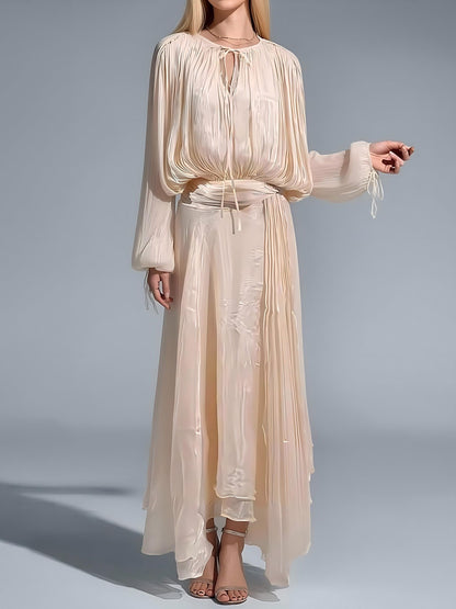 A-line Maxi Dress With Puff Sleeves And Ruched Design