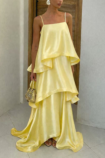 Margovil Adjustable Strap Ruffle Layered Satin Maxi Dress