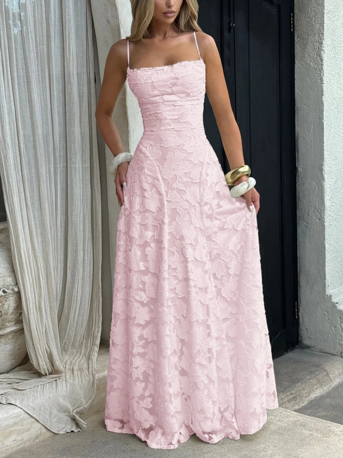Spaghetti Strap Square Neck 3D Floral Applique A-Line Maxi Dress
