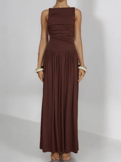 Slim-fit Pleated Solid Color Long Dress