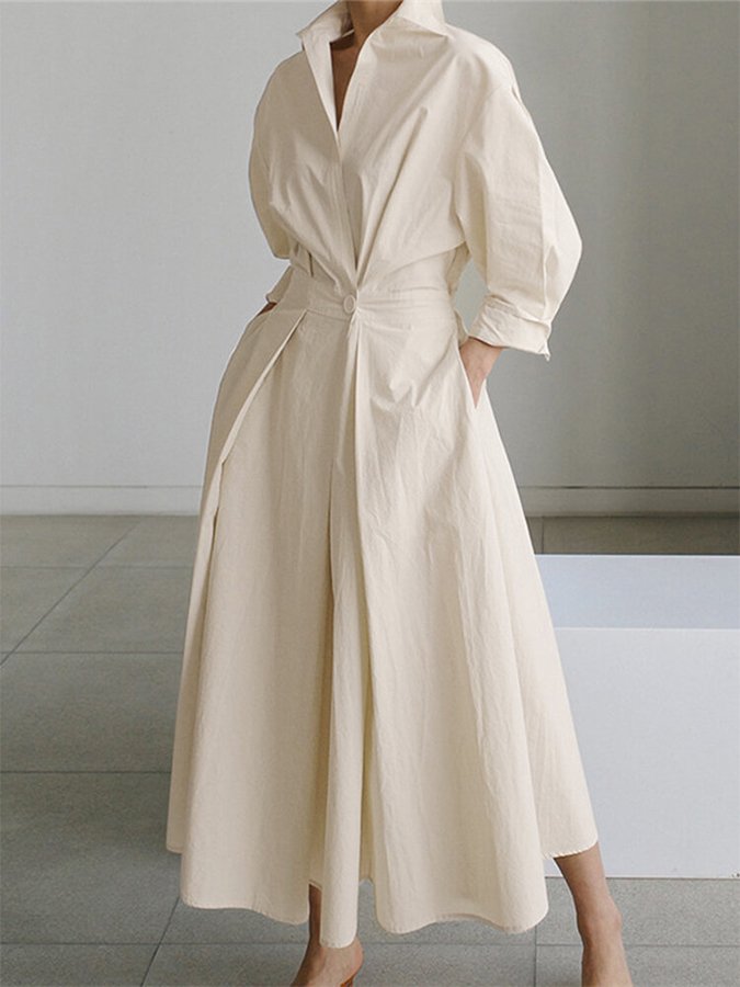Long Sleeve Wrap Front Deep V-Neck Pleated Maxi Shirt Dress