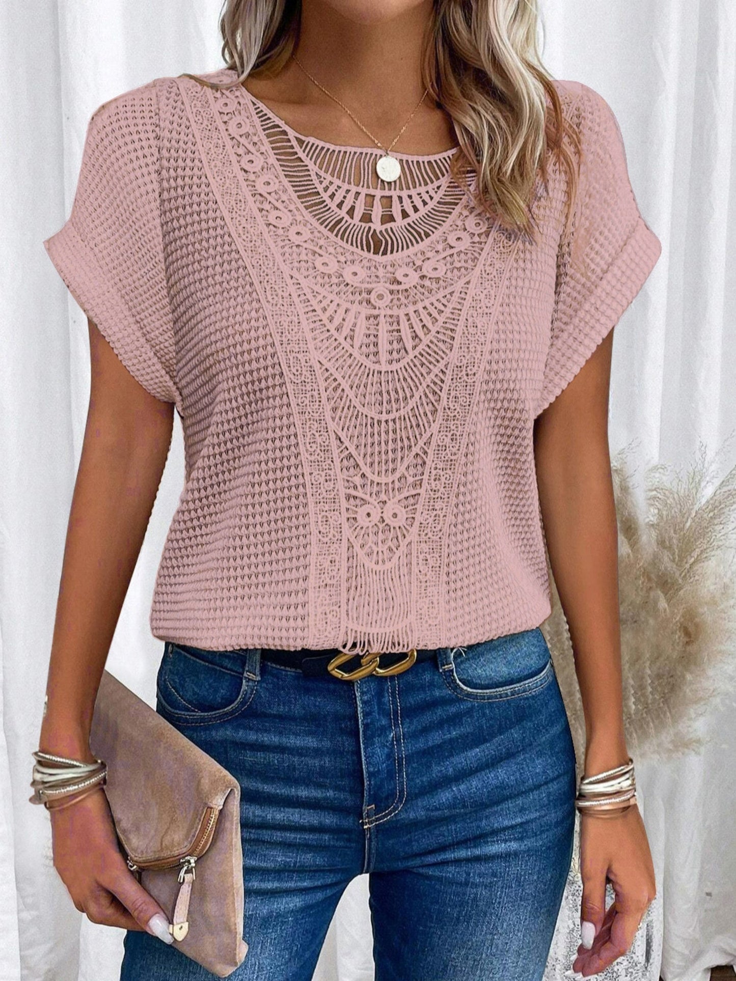 Openwork Lace Crew Neck Patchwork Cropped T-shirt