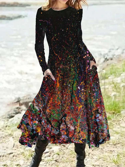 Abstract Paint Splatter Print Crew Neck Long Sleeve Pocket Maxi Dress