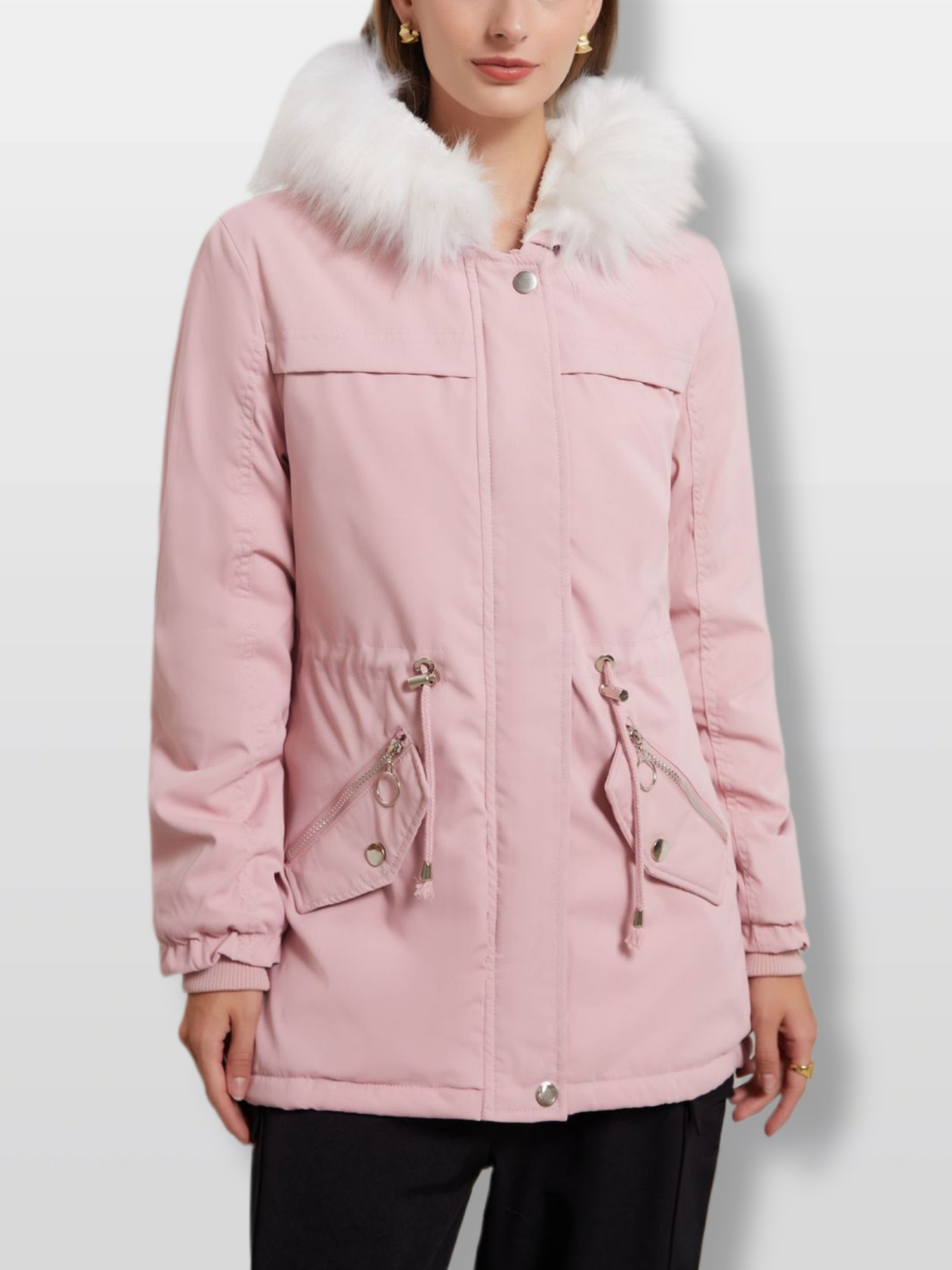 With Fur Collar Fleece Lined Hooded For Warmth Drawstring Pocket Down Jacket