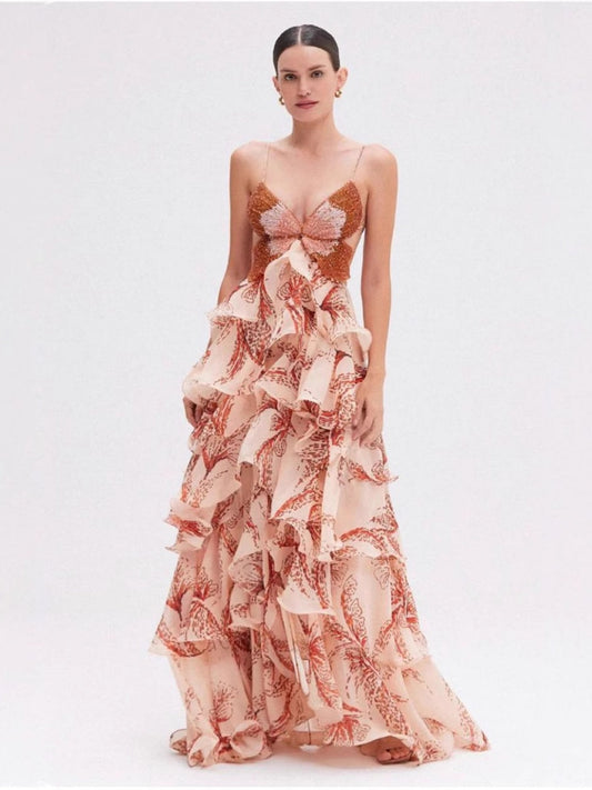 Multi-layered Ruffled Butterfly Halter Long Dress