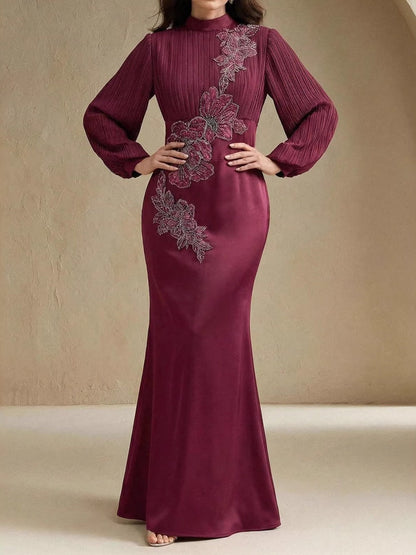 Crew Neck Long Sleeve Crimp Applique Maxi Dresses