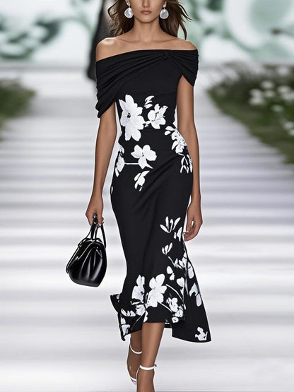 Ruffle Floral Print Sloping Shoulders Short-sleeved Midi Dress