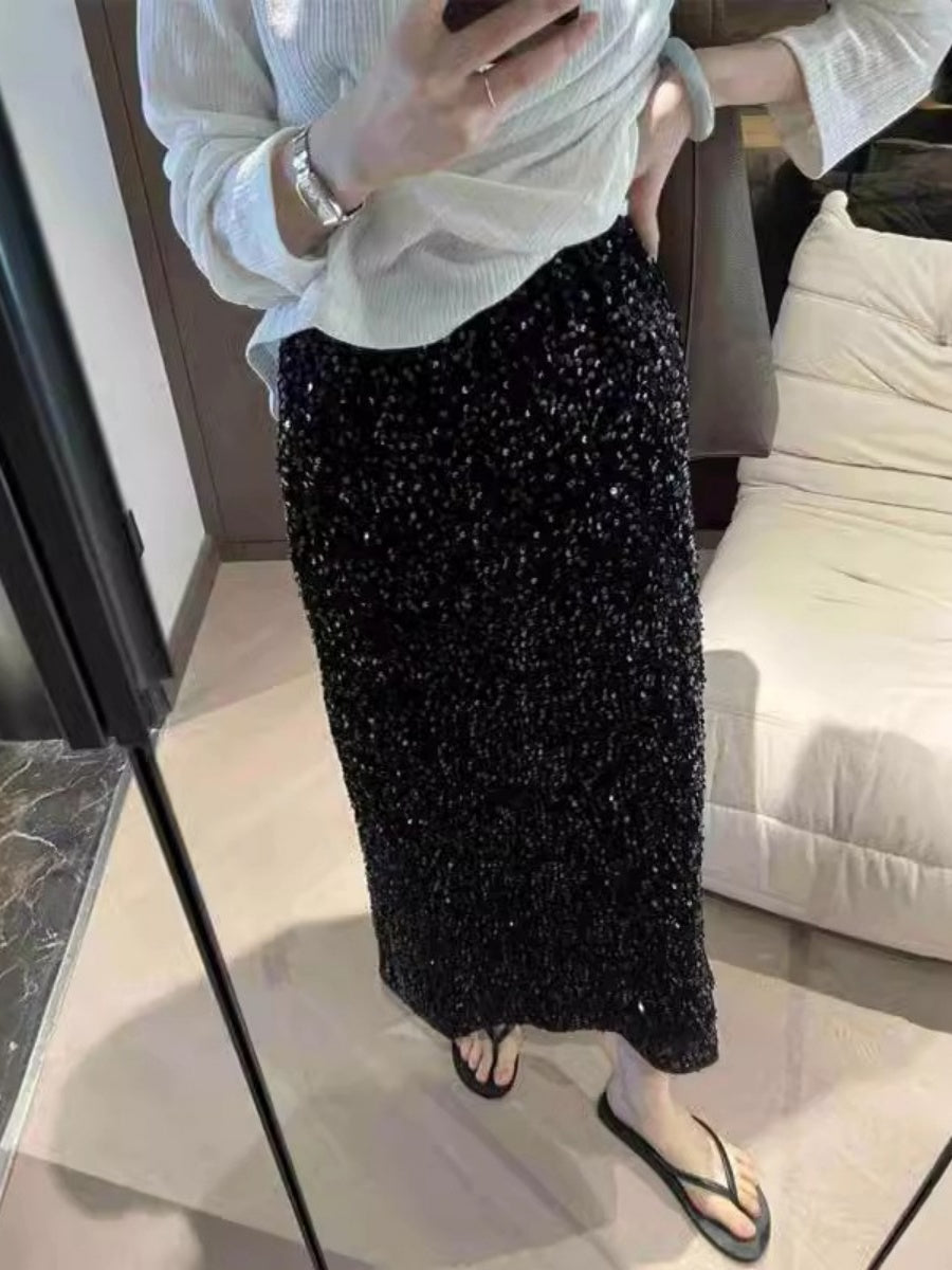 High-waisted, Slimming Sequined Midi Skirt With Elastic Waist, Back Slit, Straight Cut, Long Skirt