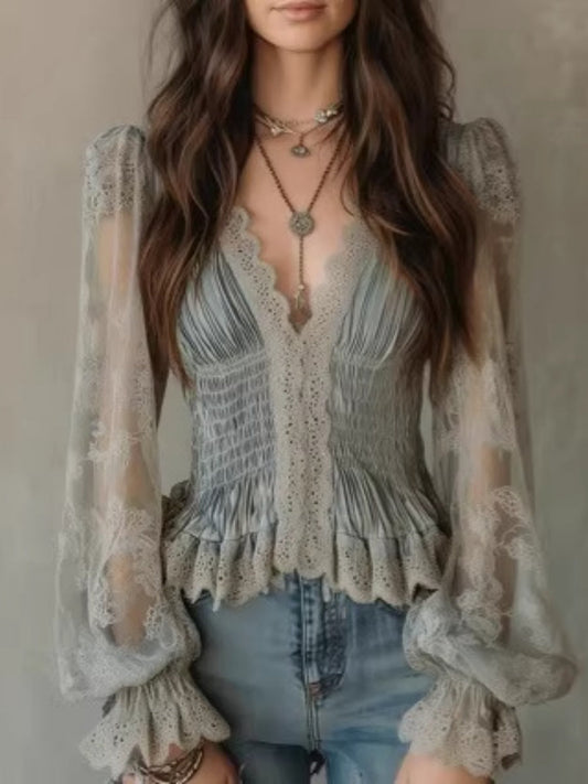 Lace-trimmed Puff-sleeved Fitted Shirt