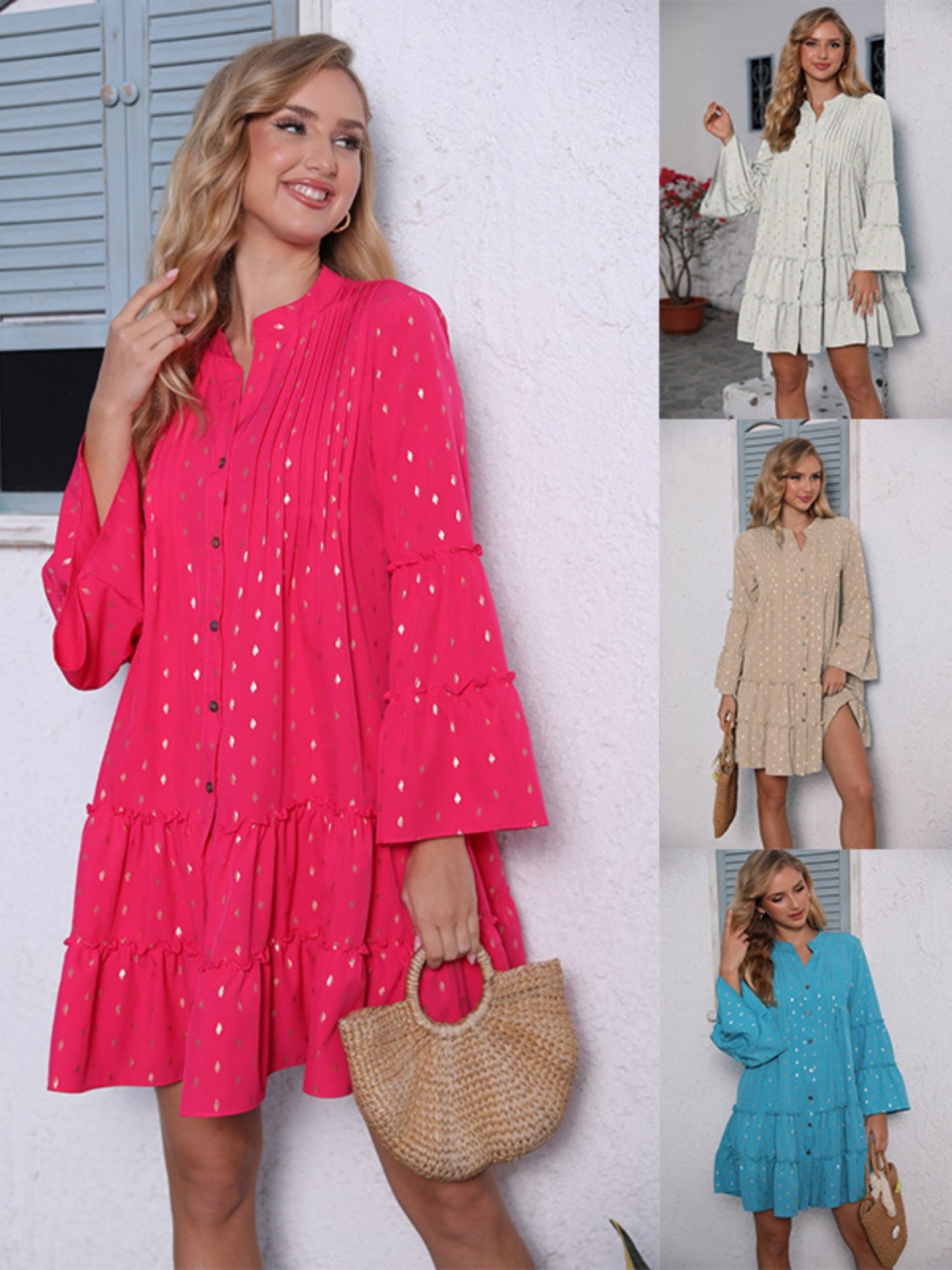 Hot Stamping Crimp  Flare Sleeve Buttons Mini&Short Dresses