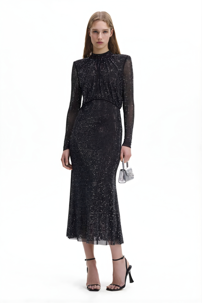 Rhinestone Stand Collar Solid Mermaid Maxi Dress