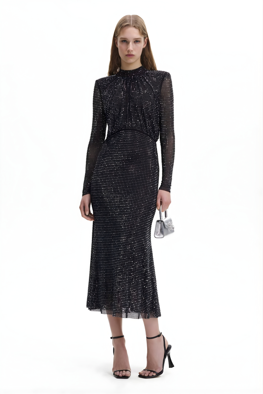 Rhinestone Stand Collar Solid Mermaid Maxi Dress