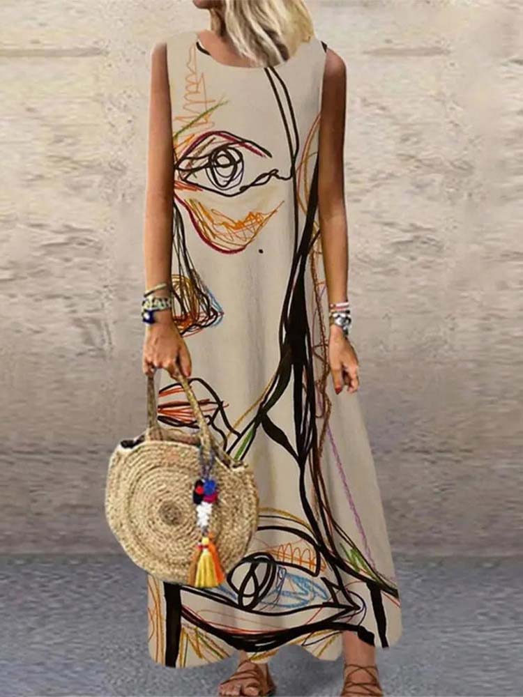 Abstract Face Print Round Neck Sleeveless Shift Maxi Dress