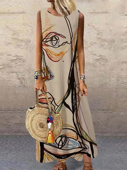 Abstract Face Print Round Neck Sleeveless Shift Maxi Dress