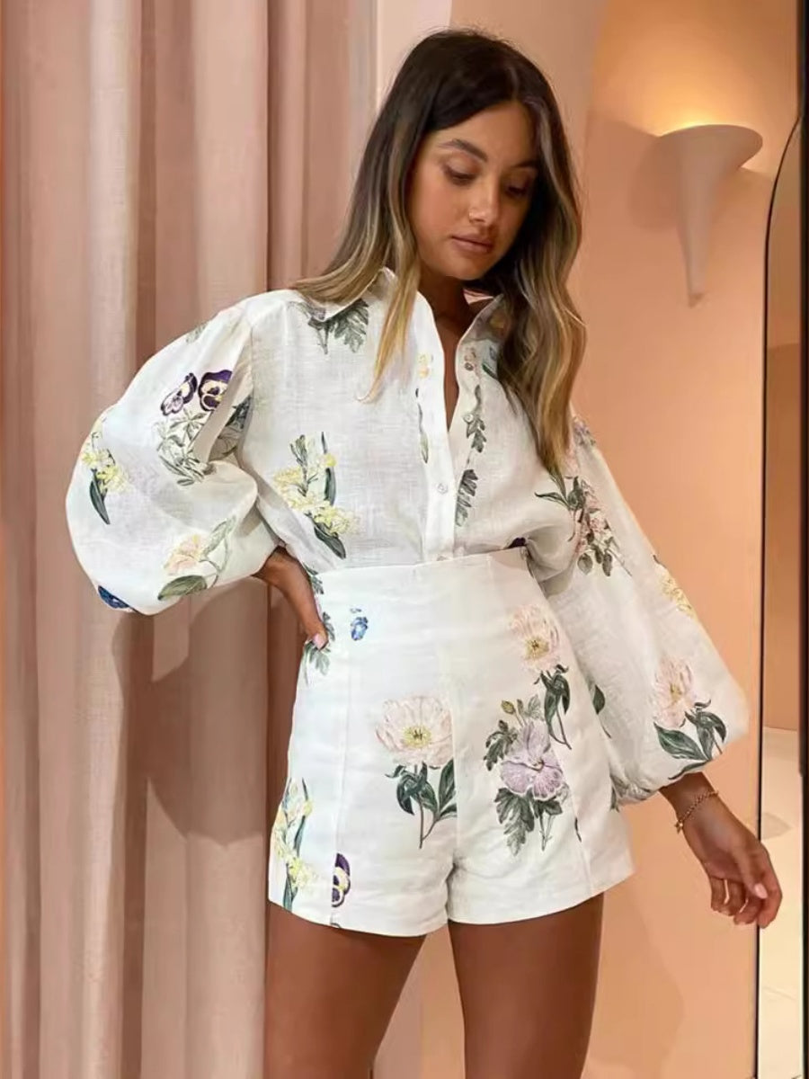 Floral Print High-waisted Shorts, Stylish And Elegant Linen Shirt, Casual Style 2-piece Sets