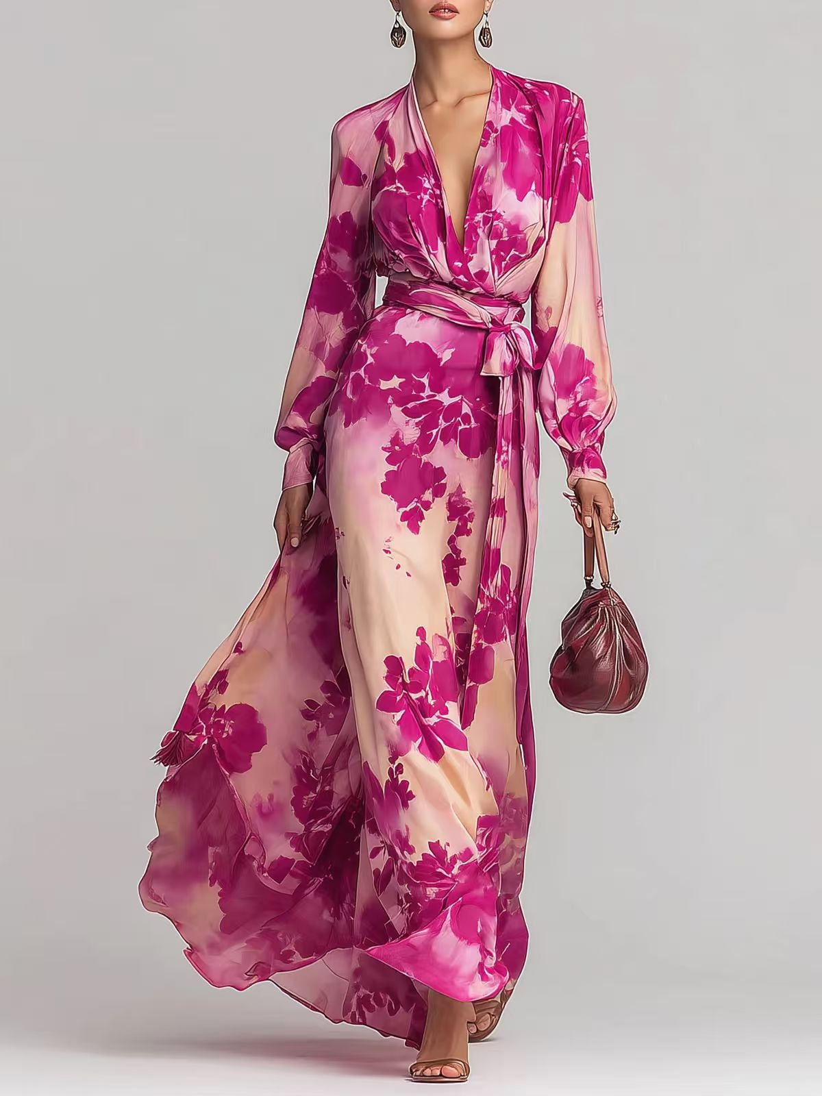 Floral Chiffon Long-sleeved V-neck Tie-waist Maxi Dress