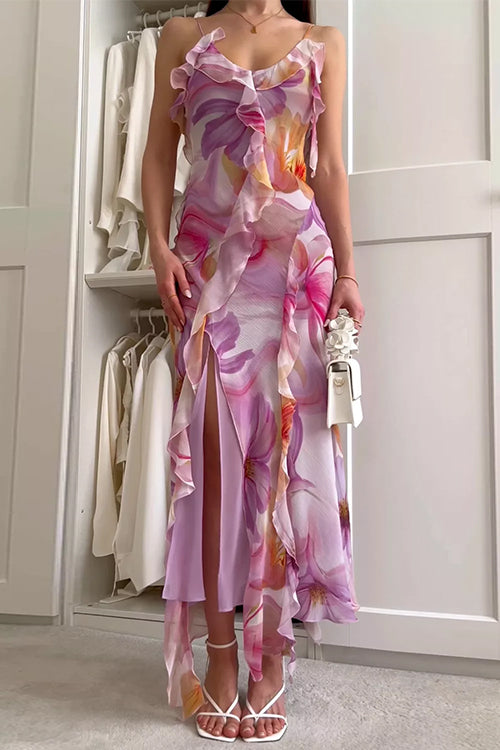 Margovil V Neck Backless Ruffle Trim Slit Floral Print Maxi Cami Dress