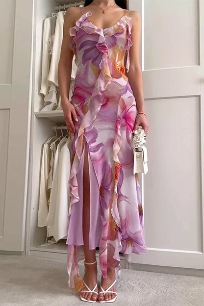 Margovil V Neck Backless Ruffle Trim Slit Floral Print Maxi Cami Dress