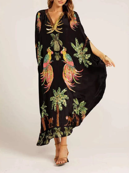 V-neck Floral Print Loose-fitting Long Dress