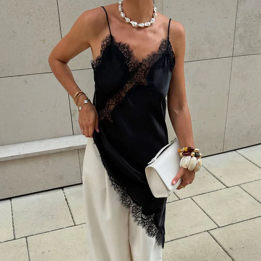 Women Satin Lace Slip Dress – Imitation Silk Lace Slit Inner Dress