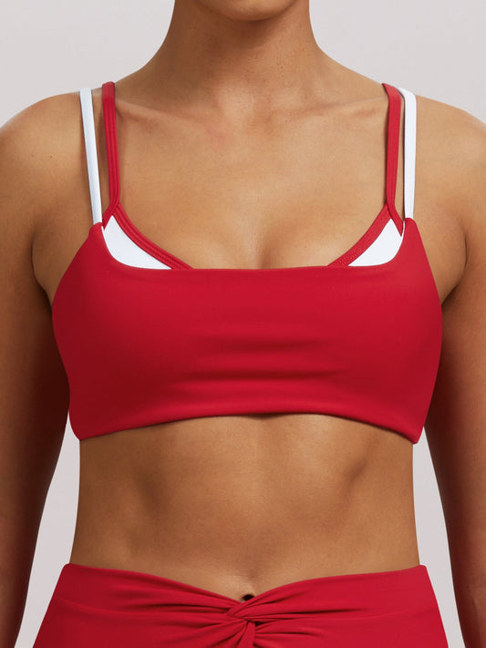 Color-blocked Double Straps Yoga Fitness Exercise Beautiful Back Bra Sports Bra
