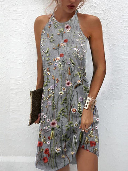 High Halter Neck Wildflower Embroidery Shift Sleeveless Mini Dress