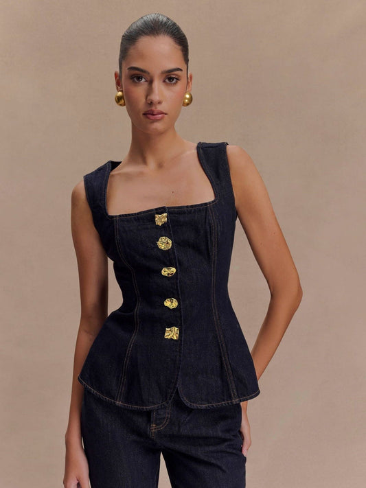 Sleeveless High-waisted Buttons Denim Vest And Trousers 2-piece Sets