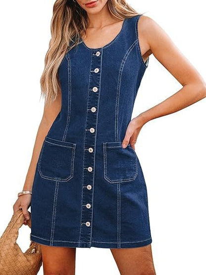 Sleeveless, Fitted Denim Button-down Short Dress With Patch Pockets