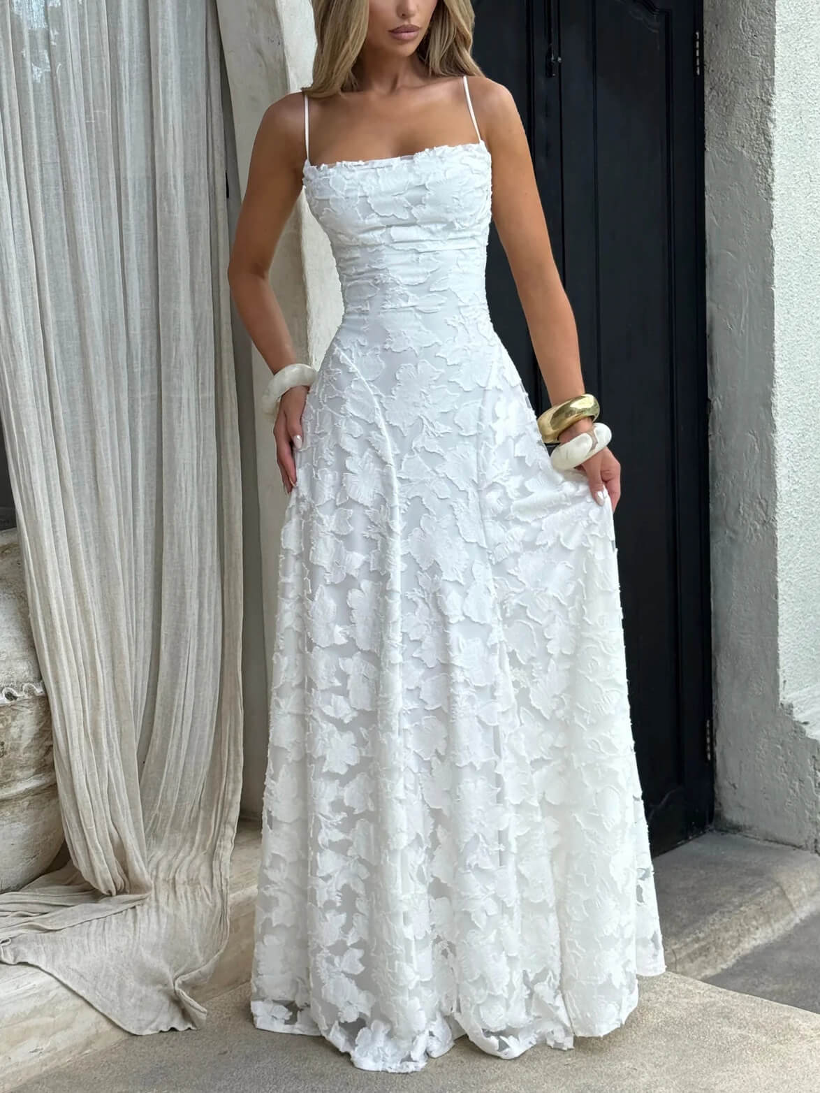 Spaghetti Strap Square Neck 3D Floral Applique A-Line Maxi Dress