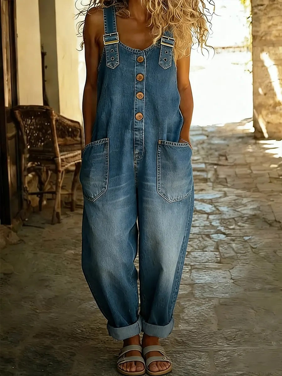 Retro Distressed Loose-fitting Adjustable Buckle Casual Denim Jumpsuit