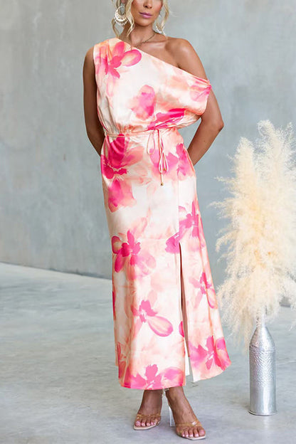 One Shoulder Floral Print Slit Satin Maxi Dress