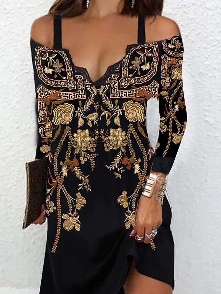 Cold Shoulder Lace Trim Ornate Floral Print Long Sleeve Mini Dress
