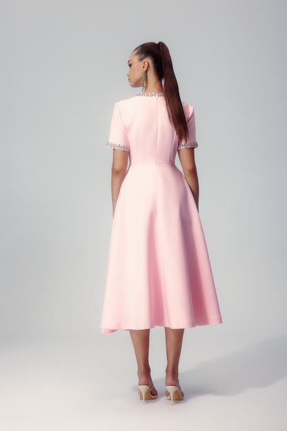Rhinestone Trim Round Neck Bow Embellished Crystal Cuff A-Line Midi Dress