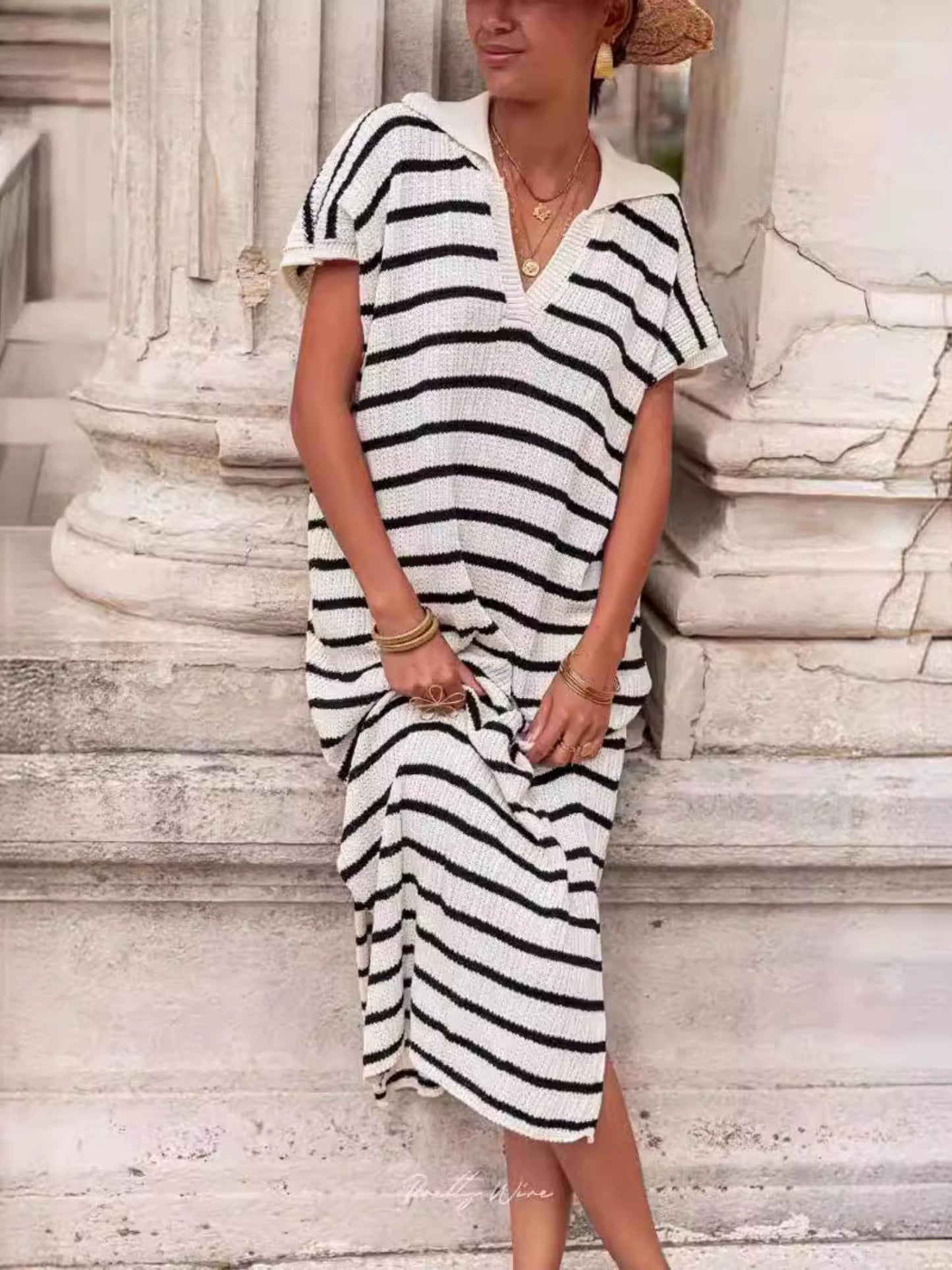 Stripes V-neck Short Sleeve Low-split Lapel Maxi Dresses
