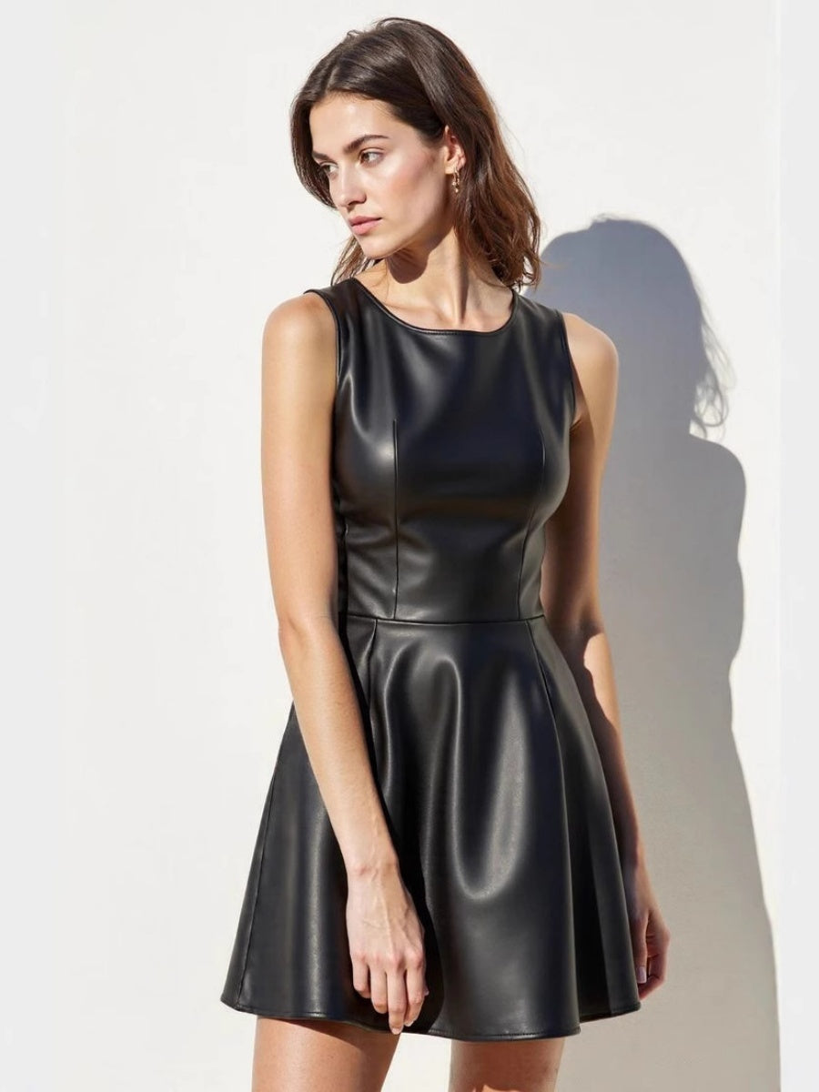 Crew Neck Sleeveless Waist PU Leather Mini&Short Dresses