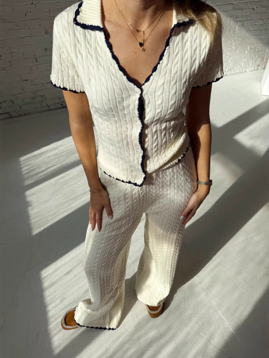 Contrasting Edges Hollow Short Sleeve Cardigan Pants Crochet Set 2-piece Sets