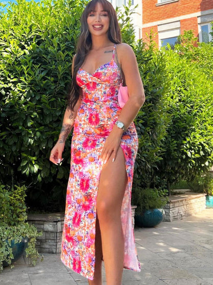 Floral Camisoles Temperament Slit Sexy Vacation And Leisure Maxi Dresses