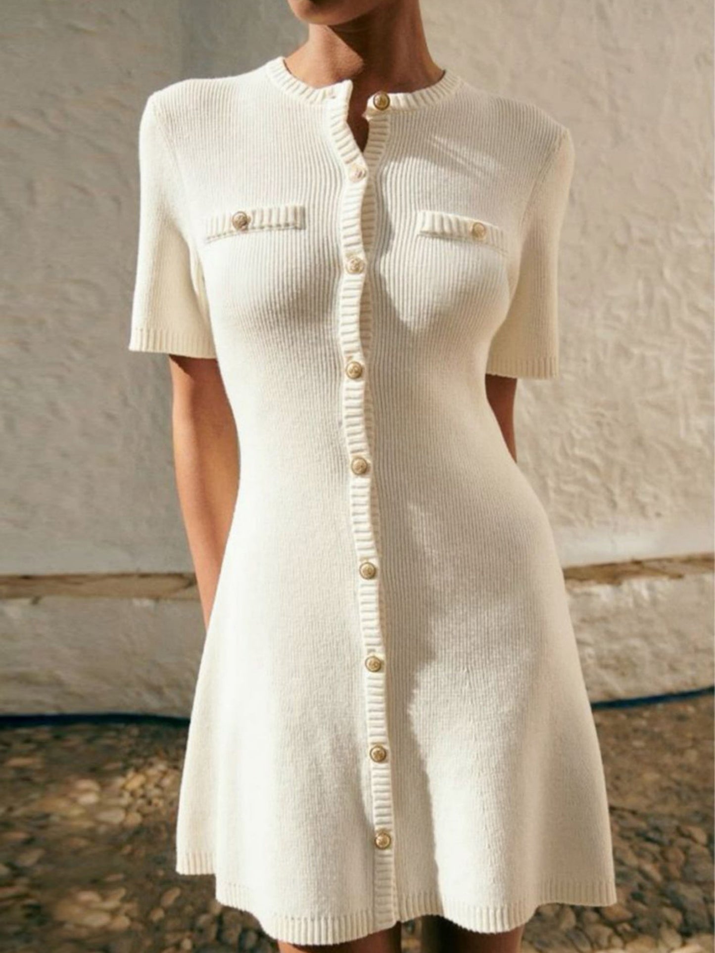 Knitting Buttons Crew Neck Short Sleeve Mini&Short Dresses
