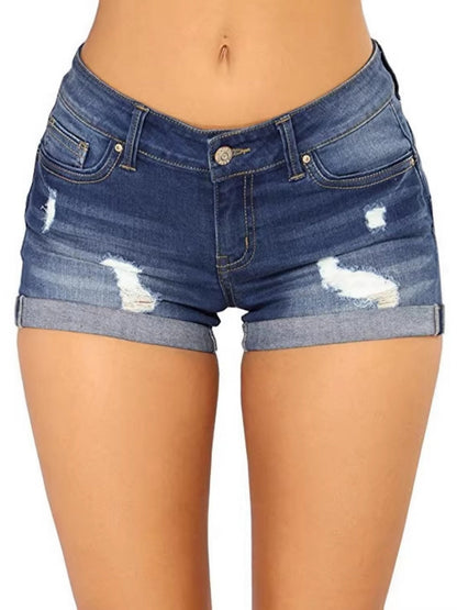 Denim Hole Flip-edge Slim-fit Shorts