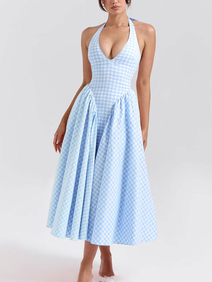 Gingham Plunge Halter Neck Fit and Flare Midi Dress