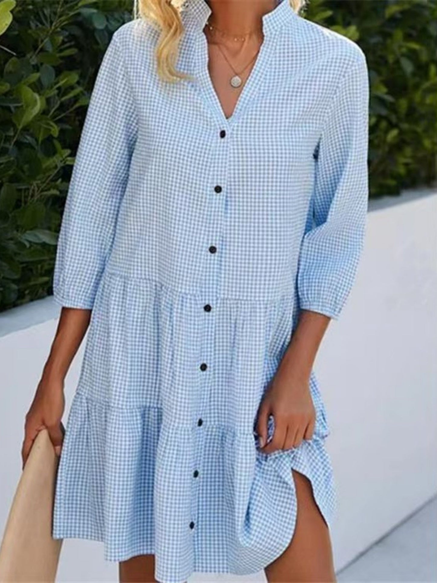 Plaid Buttons Stand Collar And Three-quarter Sleeves Mini&Short Dresses
