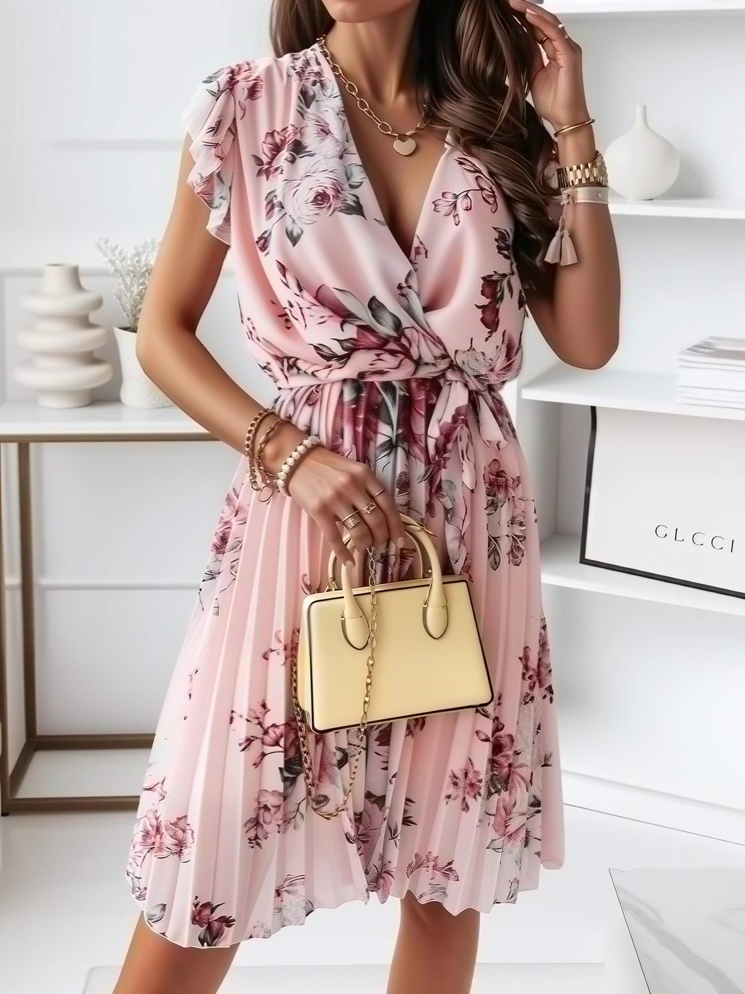 Ruffled Short-sleeved V-neck Floral Print Mini Dress