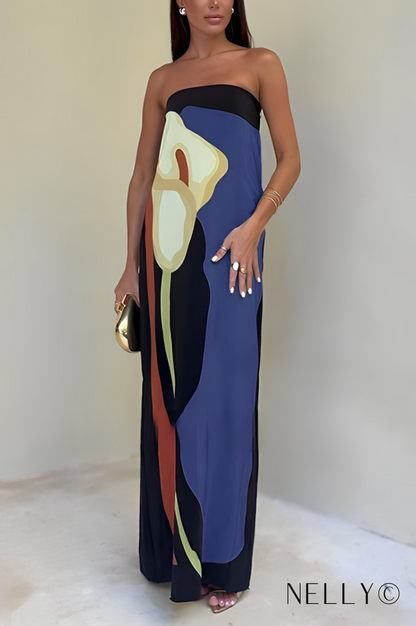 Strapless Abstract Calla Lily Graphic Column Maxi Dress
